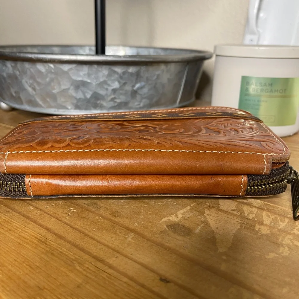 Patricia Nash Embossed Tool Leather Wallet- Floral Boho Zip Around Clutch - Picture 3 of 11